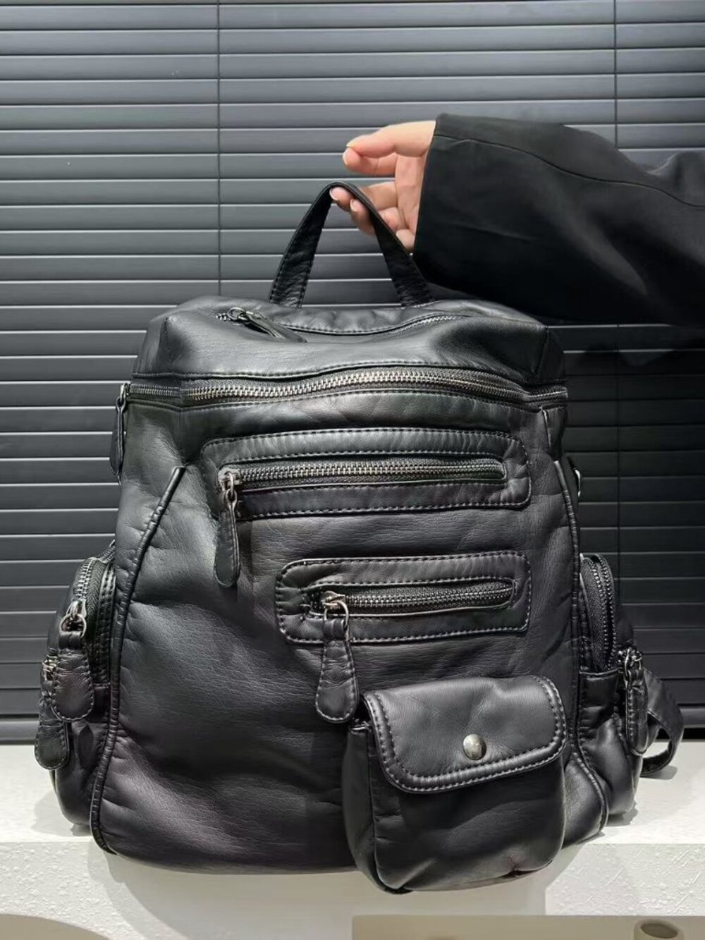 Y2K Grunge Aesthetic Soft Black Vegan Leather Multi Pocket Convertible Backpack